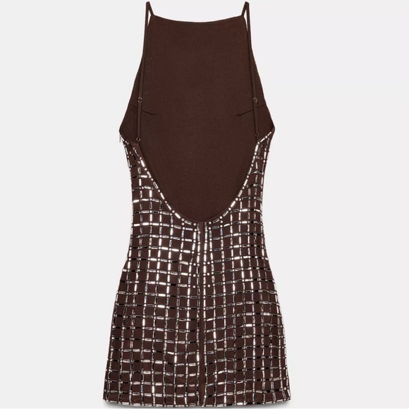 Zara Sparkly Mesh Brown Backless Short Dress - Picture 2 of 6